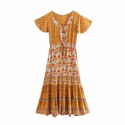 China Vintage Chic Women Washable Yellow Floral Print Batwing Sleeve Maxi Dresses Ladies Summer Vestidos De Boho Tassel Boho Sundress for sale