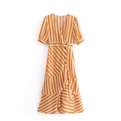 China Washable Chic Yellow Striped Vintage V-Neckline Vintage Sleeve Boho Dress Ladies Sashes Long Dress Midi Vestidos du Midi Dress for sale