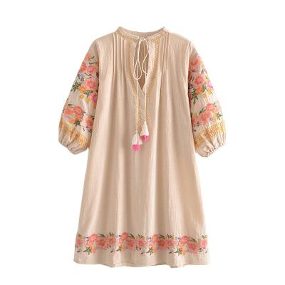 China Boho Boho Summer V Neck Mini Dress Ladies Vintage Cotton Women Embroidery Long Sleeve Washable Floral Chic Beach Bohemian Canvas Dress for sale