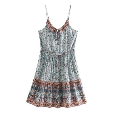 China Mini Dress Ladies Summer Rayon Bohemian Boho Sundress Vintage Women Floral Print Beach Sleeveless Chic Washable Strap for sale