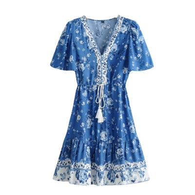 China Deep Beach Mini Dress Ladies Short Sleeve Front Botton Rayon Boho Sundresses Tassel V-Neck Floral Bird Boho Chic Washable Women for sale