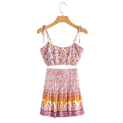 China Vintage Washable Chic Women Two Piece Outfits Drawstring Bohemian Mini Skirts Sleeveless Tops 2 Piece Rayon Cotton Boho Sets for sale