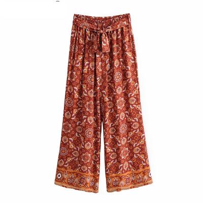 China Women Washable Chic Floral Print Vintage Wide Leg Bohemian Pants Ladies Waistbands Loose Oversized Rayon Boho Long Pants for sale