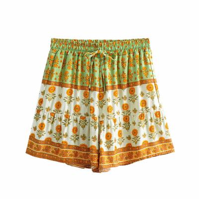 China Women Washable Chic Floral Print Vintage Summer Shorts Bohemian Ladies Beach Rayon Cotton Boho Shorts for sale