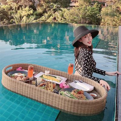 China Trays Set Wholesale Floating Arabic Custom Coffee Serving Set Rattan Wooden Bamboo Breakfast Table Wooden Serving Tray For Swimming Pool for sale