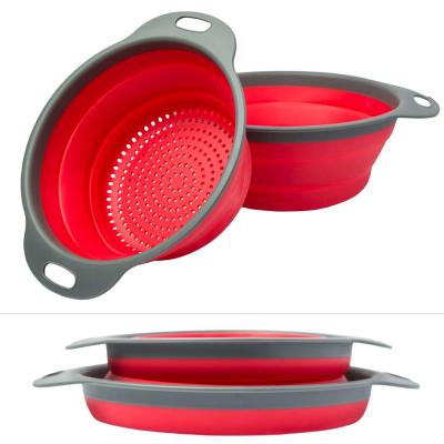 China Sustainable Food Grade Round Collapsible Kitchen Collapsible Basket Silicone Colander Sieve Set With Handle for sale