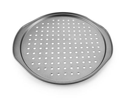 China GM011 Sustainable Pizza Pan Baking Tray Pizza Bakeware Non Stick Baking Steel Round Black Carbon Steel With Holes For Sale Custom Size for sale