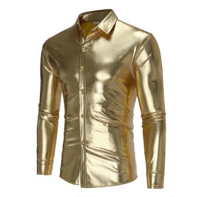 China Newest Custom Gold Solid Color Anti-pilling Long Sleeve Silver Black Stamp Printing Mens Dress Shirts for sale