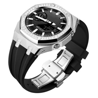 China Casio horloge gemodificeerde behuizing roestvrij staal diamant horloge behuizing en siliconen band combo Te koop