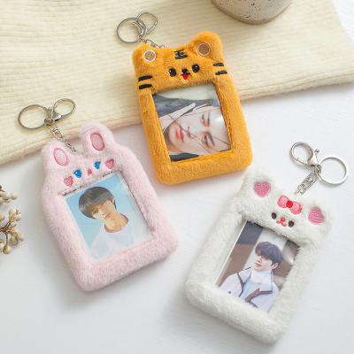 China Wholesale Custom Kpop Fashion Rabbit Hairy Bear Fur Fluffy Plush Photocard Holder Case Keychain for sale