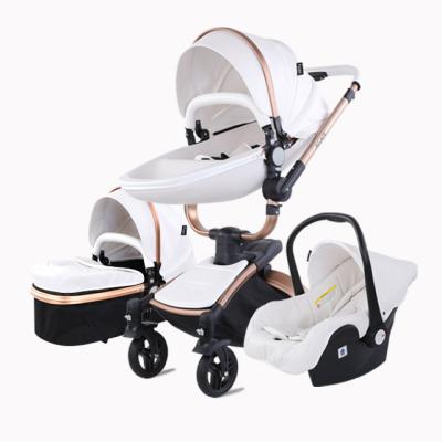 China High End Stroller Brand Polyester 3 In 1 Black Leather Hardware Gold Frame Stroller High Landscape Stroller European Seat Leather Basket for sale