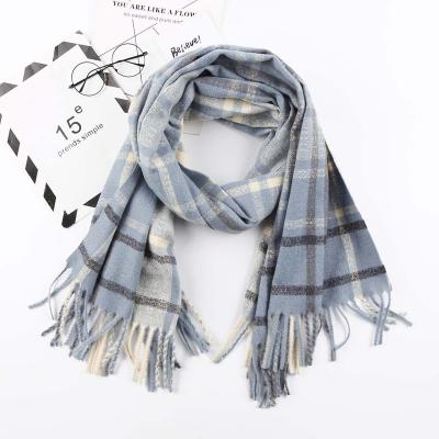 China Wholesale Custom Blue Soft Feeling Lady Winter Warm Fashion Logo Cashmere Plaid Winter Scarf Tassel 285g Thick Shawl Scarves For Elegant Women for sale