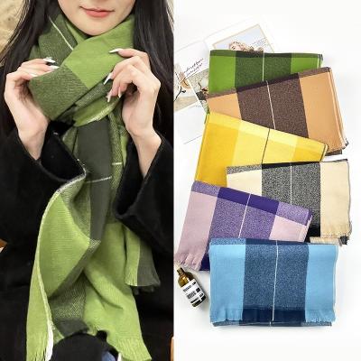 China Wholesale Soft Smooth Winter Long Warm Neck Wool Feeling Scarves Designs 250g Plaid Scarf Tassel Muffler Unisex Thick Scarves For Elegant Women for sale