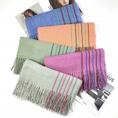 China Fashion Ladies Muffler 200*70cm Polyester 230g Stripe Thick Cashmere Knitted Scarves Soft Smooth Feeling Wool Shawls Scarf For Women for sale