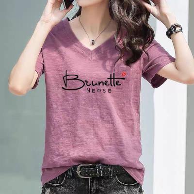 China 95% Anti-pilling 2021 Brand New Women Bamboo Cotton T-shirt Letters Print Short Sleeve Women Slim V-Neck Tops Women T-shirts for sale