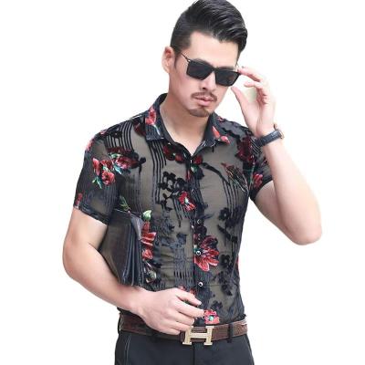 China 2021 Floral Embroidered Oversized Anti-pilling Party Nightclub T-shirt Flower Lace Velvet Men's T-shirt Gold Sheer Short Sleeve For Men for sale