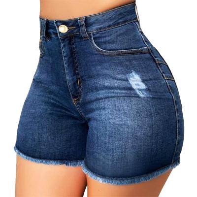 China Hot Selling Anti-Wrinkle Hole Denim Shorts Slim Wash Elastic Women 2021 Hot Cotton High Waist Distressed Rolled Edge Denim Shorts for sale