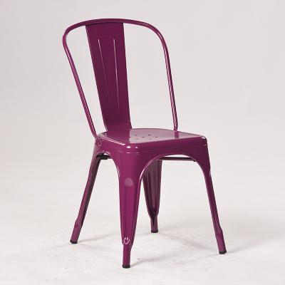 China Affordable Purple Stackable Metal Bistro Cafe Dining Side Chair With Backrest for sale