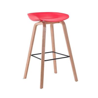 China Counter Design Contemporary Scandinavian Red Height Plastic Bar Chair With Wooden Leg for sale