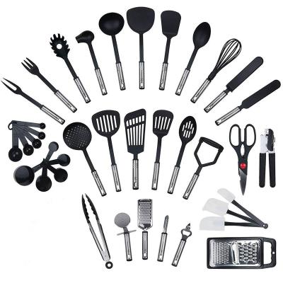 China 38 Pieces Disposable Cooking Tools Nylon Kitchen Utensils Set With Stainless Steel Handle Luxury Black Christmas Valentine Business Space for sale