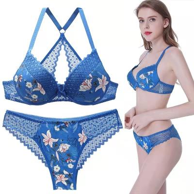 China 2021 breathable the new beautiful large size back bra set printed sexy women lace up French underwear set is popular for sale