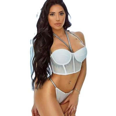 China New breathable tie, cup, cotton, steel ring, silver wire, shoulder strap, bra, sexy underwear, garter belt, thong three-piece set for sale