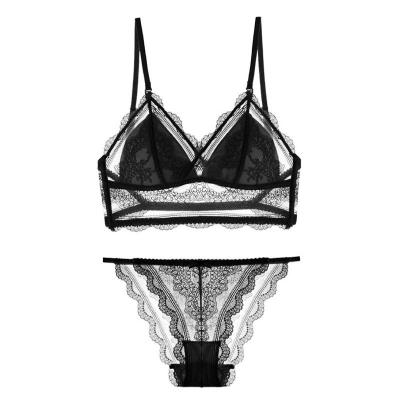 China French Sexy Lace Lingerie Underwear Set Manufacturer Breathable Thin Rimless Triangle Cup Supplier for sale