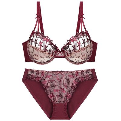 China Beautiful wine red cavity rich group special prices large size bra sexy ultra-thin genuine breathable embroidery set women's underwear for sale