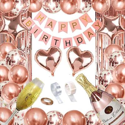 China Rose Gold Wine Bottle Birthday Waterproof Eco-friendly Glass Balloon Set Birthday Party Decorations Rose Gold Pull Flag Combination for sale