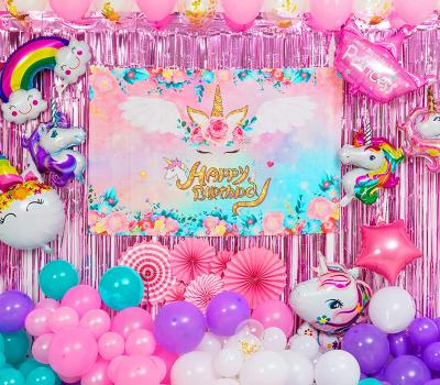 China Unicorn Birthday Party Decorations Eco-Friendly Waterproof With Unicorn Foil Balloons Photography Backdrop Balloons And Paper Fan for sale