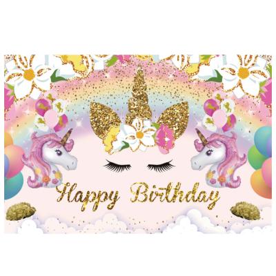 China Waterproof eco-friendly private custom available factory directly supply one year old baby happy birthday pink unicorn photo banner for party for sale