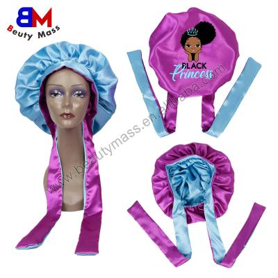 China Custom Silk Caps Logo Satin Braid Hair Picture Bonnets With Head Wraps for sale