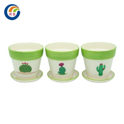 China Small Modern Green Tropical Themed Ceramic Flower Planters with Saucer for Succulents and Cactus Set of 3 for sale