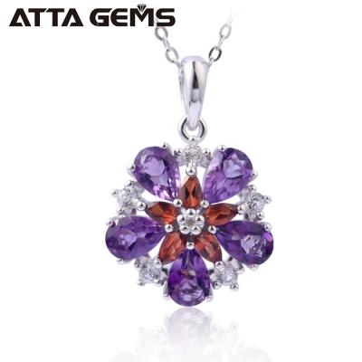 China 925 Sterling Silver Natural Amethyst Gemstone Flower Pattern Fashion Necklace Pendant Jewelry for sale