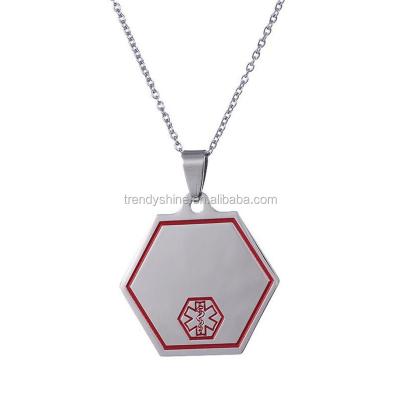 China TRENDY Fashion Sign Pendant Stainless Steel Custom Engraved Hexagon Charm Red Medical Silver Necklace For Women for sale