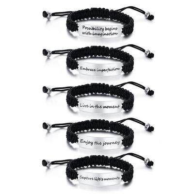 China Fashion TRENDY Cheap Black Macrame Braided Bracelet With 316l Stainless Steel Nameplate Custom Jewelry for sale