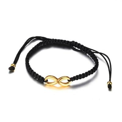 China FASHIONABLE Custom Cheap Personalized Black Braided Rope Bracelet With Gold Plated Stainless Steel Infinity Charm for sale