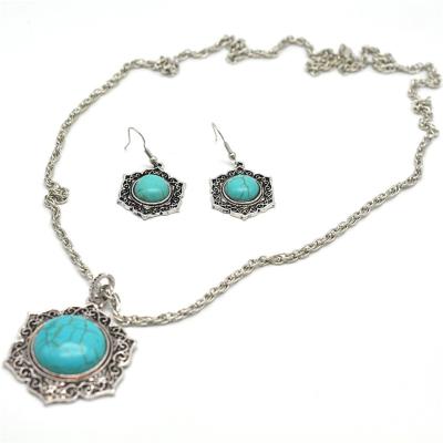 China Hot Selling Vintage Women's Silver Necklace And Earrings Jewelry Set With Turquoise for sale