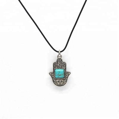 China Cheap Bohemia Vintage Turquoise Tribal Silver Hamsa Hand Moq Bass Pendant Necklace for sale