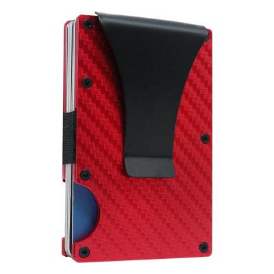 China Slim Minimalist RFID Carbon Fiber Design Credit Card Holder For Men's Aluminum Metal Front Pocket Card Case Red Wallet for sale