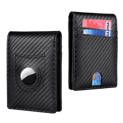 China RFID Blocking Carbon Fiber Texture Genuine Leather Men's Slim Wallet RFID Blocking Credit Card Bifold Holder With GPS Tractor Holder For Airtag for sale