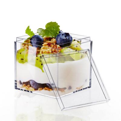 China Clear Dessert Cups 130ml Candy Boxed Square Cube Dessert Cup Simple Clear Shape Dessert Cups Snack Box Square Acrylic Dessert Cup With Lids for sale