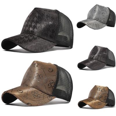 China breathable & Waterproof Custom Volume Printing 5 Panel Leather Trucker Hat Patch Mesh Black Custom Leather Trucker Hats for sale