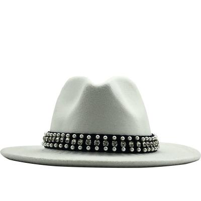 China 2021 Custom Wool Wide Brim Hat Women Felt Hats Dobby Hat Two Fedora Hat With Pearl Toned for sale