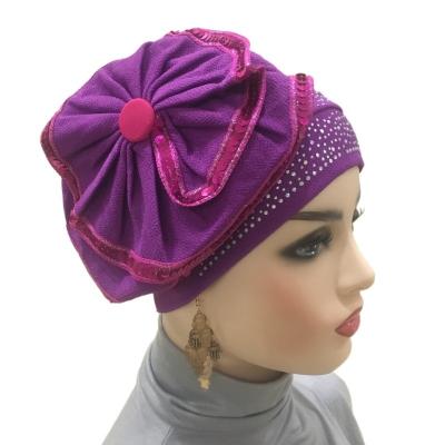 China Muslim Headscarf  European and American fashion a large flower hot drill turban cap sequin chemotherapy cap bottoming cap Muslim headscarf for sale