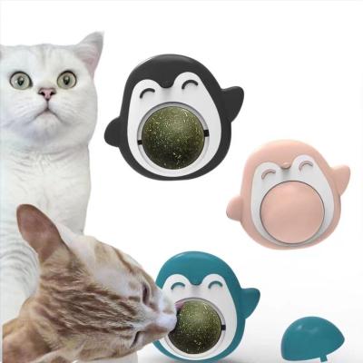 China New Design Beautiful Penguin Design Safe Interactive Catnip Ball Mint Licking Wall Sucker Ball Cat Toy With Catnip Mint Licking for sale