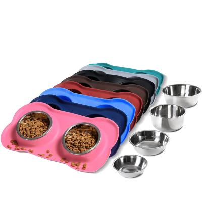 China Non-slip Silicone Puddle Proof Mat Pet Food Scoop Water Pet Bowl Viable Stainless Steel Double Bowl and Food Feeder Bowls for sale