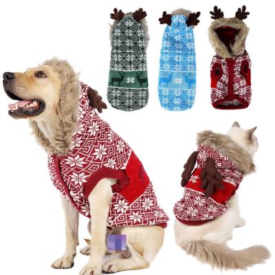 China Sustainable Hot Sale Custom Printed Winter Dog Hoodies Knitted Thickened Christmas Dog Clothes Sweater With Antlers Hat for sale