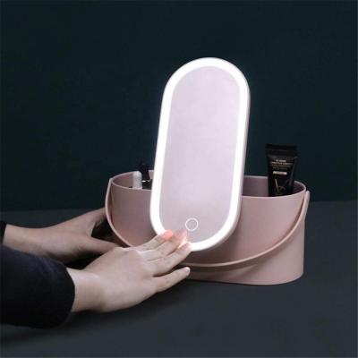 China LED Lighted Lighted Makeup Mirror Desktop Storage Box Built-in Beauty Vanity Mirror Folding Portable Vanity Mirror for sale