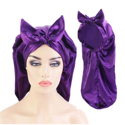 China Designer Feeling Silk Satin Hair Line Soft Smooth Adjustable Custom Extra Long Satin Hair Sleep Bonnet Hood Hat With Tie for sale